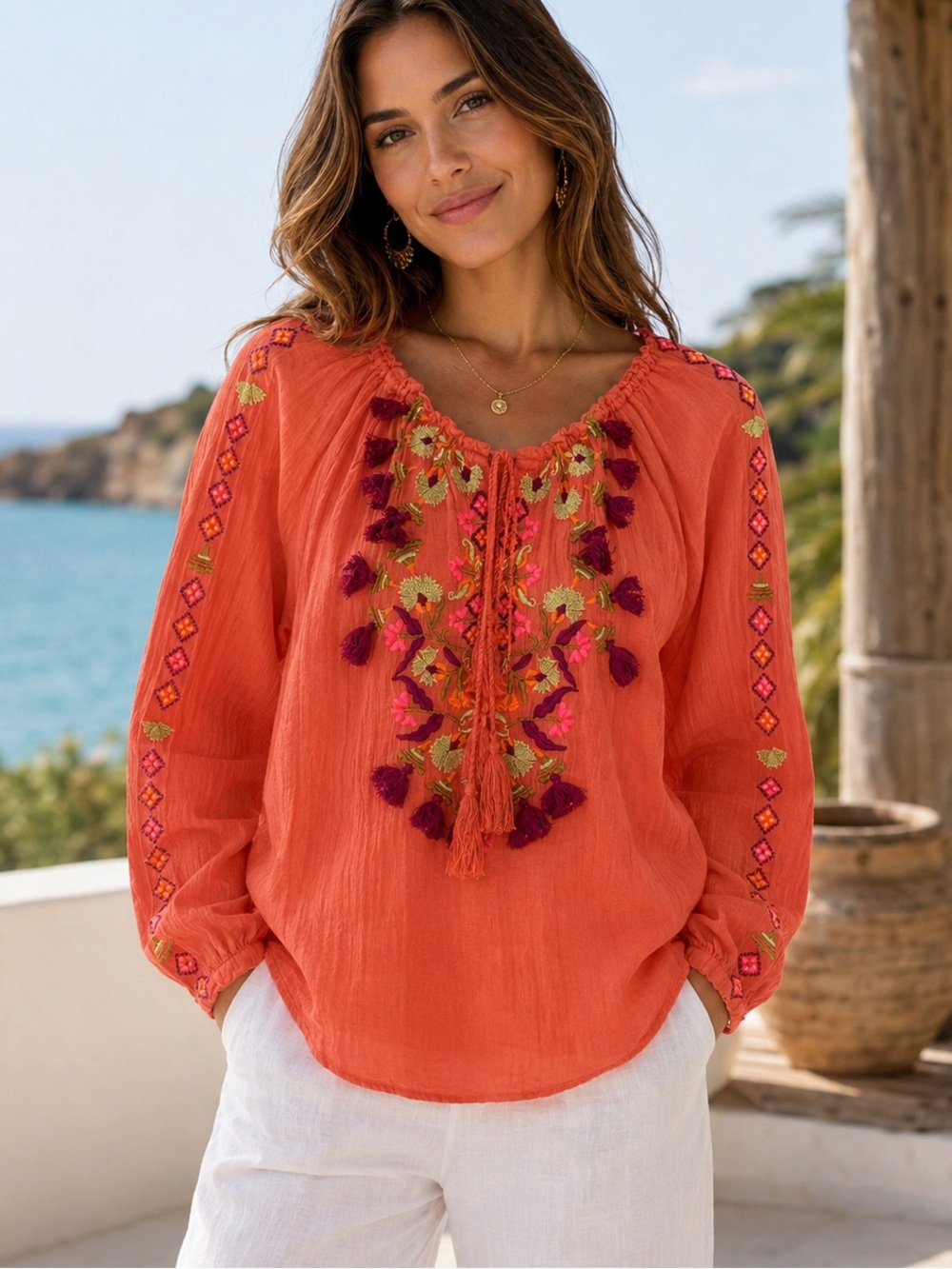 Antik Batik Dove Blouse M/40 Coral Embroidered Tassel Boho Cotton Top Revolve